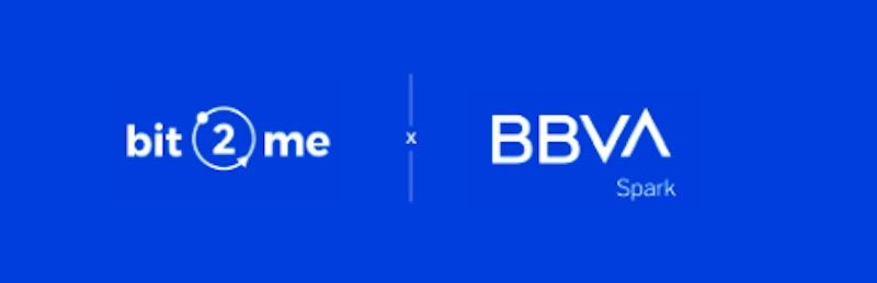 Logos de de las empresa de criptoactivos Bit2me y BBVA Spark