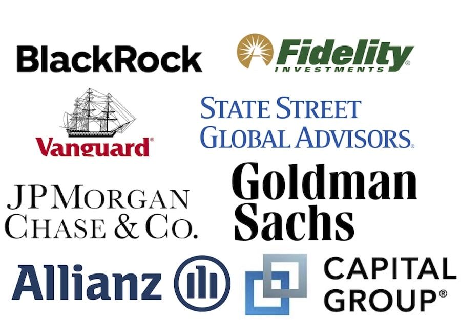 Logos principales gestoras de activos , blackrock, fidelity, Vanguard, State street Golbal advisors, JP Morgan, Goldman sach, allianz, capital group