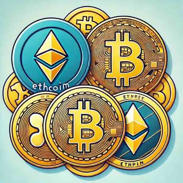 imagen principales criptoactivos: bitcoin, ethereum, ripple, 